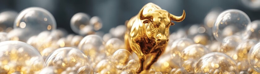 Long gold bull market risk in bubble and forecast concept. Golden bull among bubbles represents financial success and growth.
