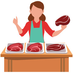 Young woman in the kitchen.  Selling meat.  Meat vendor.