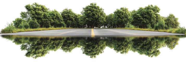 A straight road bordered by lush green trees with a clear reflection below. Png, Transparent background.