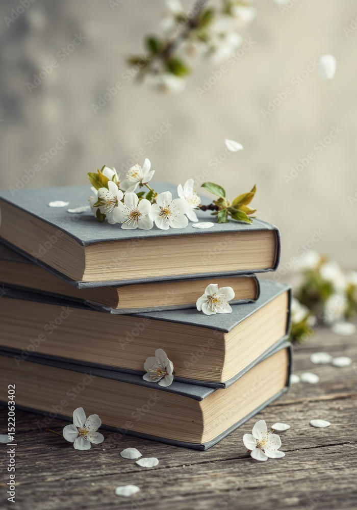 Aufkleber springtime reading stack - a stack of books adorned with delicate spring blossoms, creating a serene