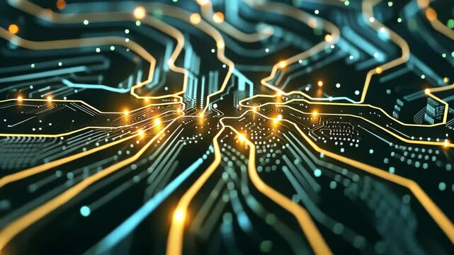 Glowing circuits seamlessly integrating into an intricate neural network representing advanced technology in a futuristic digital landscape