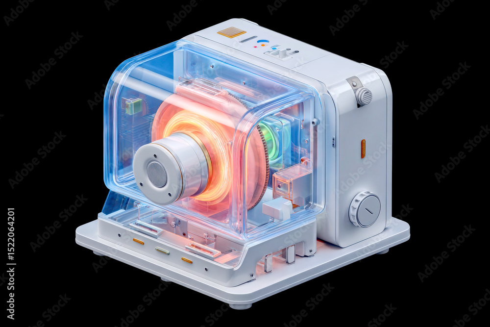 Poster futuristic appliance with transparent casing and glowing elements