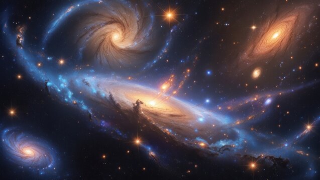 Colorful spiral galaxies in deep space.