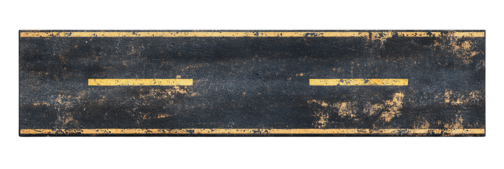 A worn asphalt road with faded yellow lane markings. Png, Transparent background.
