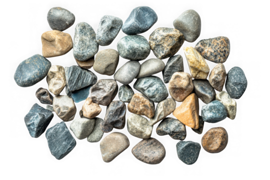 Pile of river rocks pebbles stones gravel texture material geology nature decoration isolated on transparent background