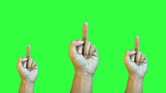 Three hands making an offensive middle finger gesture against a green screen background. The pose is often used to express anger, defiance, or disrespect.