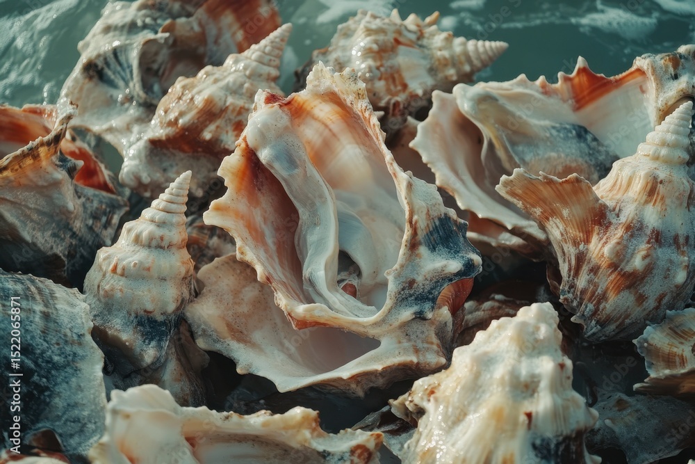 Poster close-up view of a pile of conch shells with some squirming in a coastal setting, a pile of conch, s