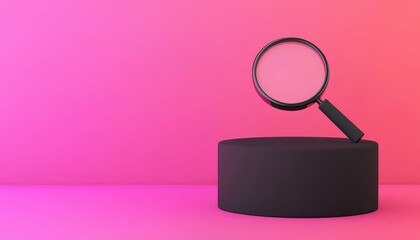 A magnifying glass on a black cylindrical podium against a vibrant pink background.