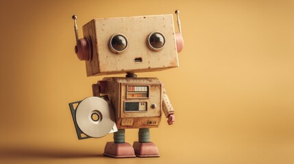 Retro cube-headed robot holding a data disk on a faded mustard background