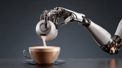 Robot barista pouring steamed milk for latte art isolated on solid charcoal gray background with crisp reflections on robot components