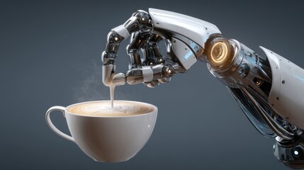 Robot barista pouring steamed milk for latte art isolated on solid charcoal gray background with crisp reflections on robot components