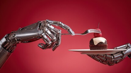 Robot carefully plating gourmet meal on solid vibrant red background fine dining elements and metallic robot fingers illuminated sharply