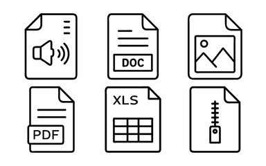 File Type Icons Set ,PDF, DOC, XLS, ZIP, Image, Audio And Minimal Outline Style Document Symbols

