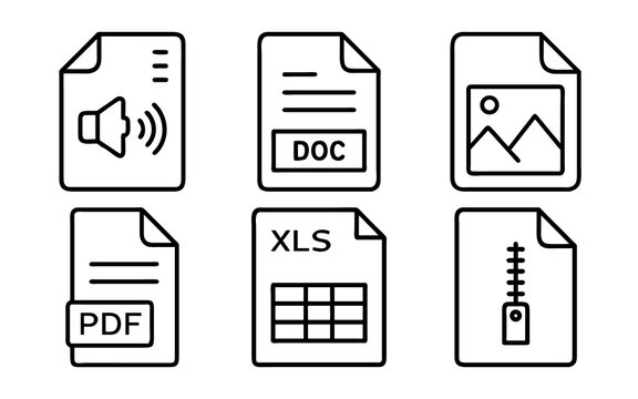 File Type Icons Set ,PDF, DOC, XLS, ZIP, Image, Audio And Minimal Outline Style Document Symbols

