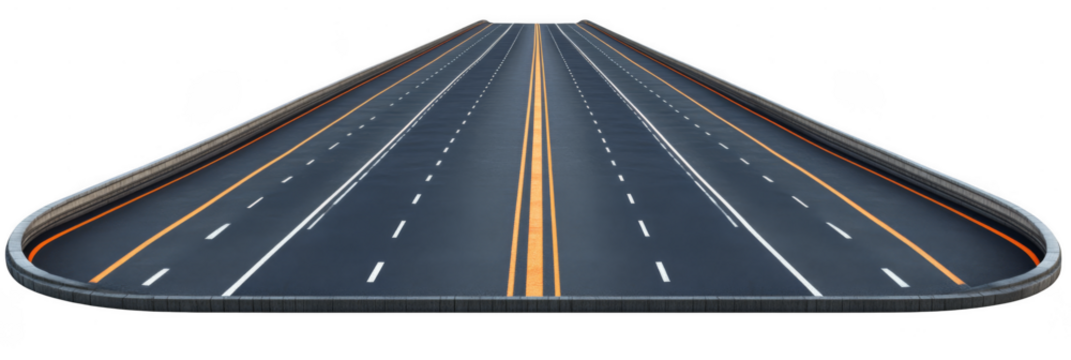A wide multi-lane highway with clear lane markings and barriers, viewed from a low front angle. Png, Transparent background.