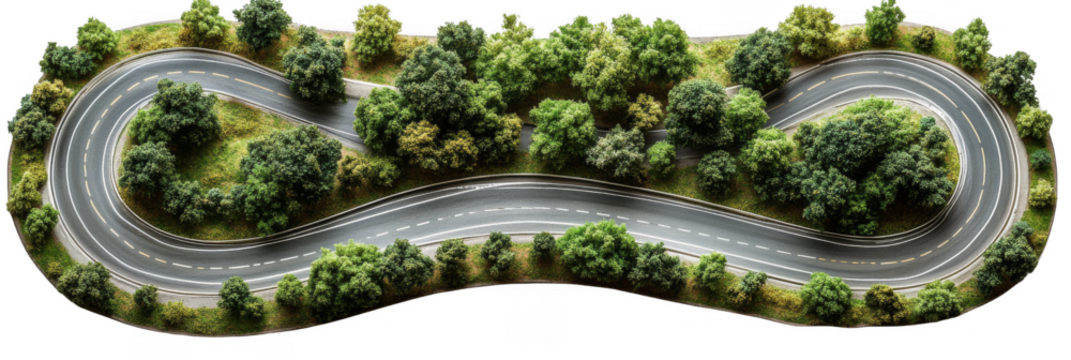 A winding road curves through dense green trees, forming an S-shape surrounded by lush foliage. Png, Transparent background.