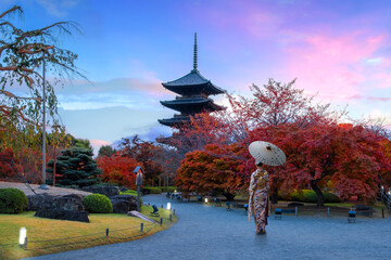 Japanese Woman in Traditional Kimono Dress at Toji Temple in Kyoto, Japan with beautiful garden and autumn foliage