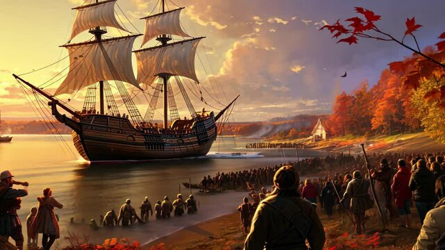 A historic representation of the Mayflower arriving at Plymouth Harbor, showcasing early settlers meeting the ship against a vibrant sunset backdrop