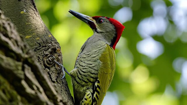 Male green woodpecker Picus erythrorhynchus perc perched on a tree trunk during a sunny afternoon in a lush forest, showcasing its vibrant plumage and distinctive features