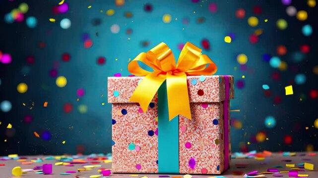 A colorful birthday gift box adorned with confetti and a bright yellow ribbon, set against a festive backdrop during a joyful celebration
