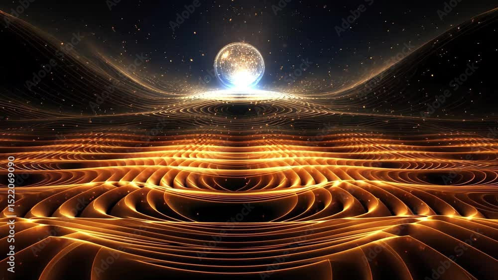 Poster pulsating waves of energy radiate from a vibrant quantum core in an abstract cosmic landscape showca