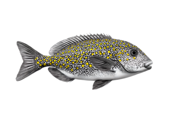 Black and white patterned, speckled fish with yellow polka dots on its face, isolated on a transparent background.