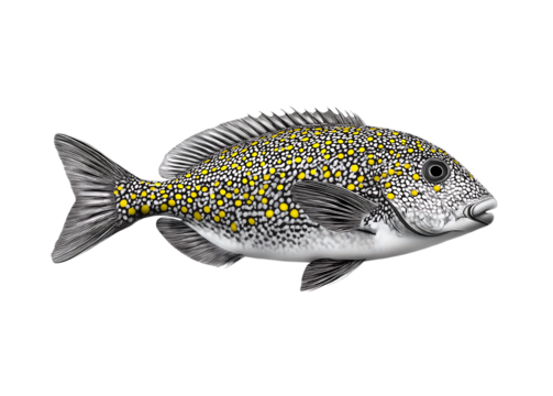 Black and white patterned, speckled fish with yellow polka dots on its face, isolated on a transparent background. - Powered by Adobe