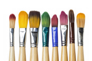 Colorful paint brushes set art supplies artist tools painting equipment watercolor acrylic oil brushstrokes isolated on transparent background