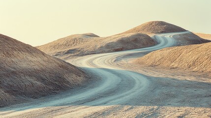 Fototapeta premium A winding dirt road meanders through sandy desert landscapes under sunlight