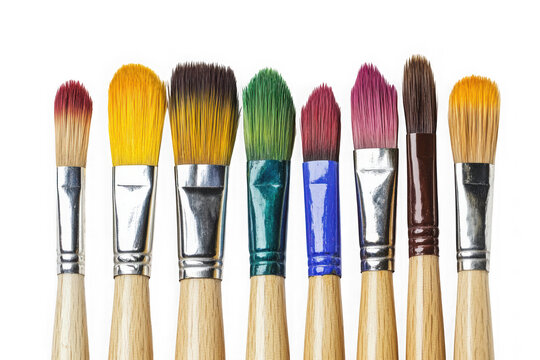 Colorful paint brushes set art supplies artist tools painting equipment watercolor acrylic oil brushstrokes isolated on transparent background - Powered by Adobe
