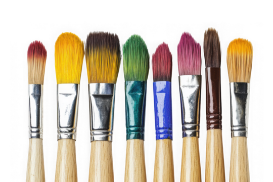 Colorful paint brushes set art supplies artist tools painting equipment watercolor acrylic oil brushstrokes isolated on transparent background