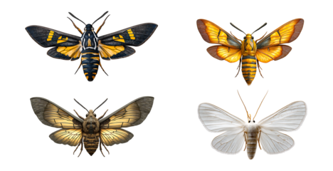 Collection of porcelain moth flying, isolated on a transparent background