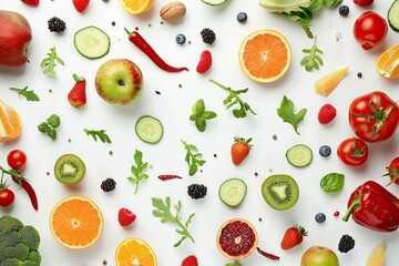 Healthy Food Concept Fruits and Vegetables on White Background Top View with CopySpace
