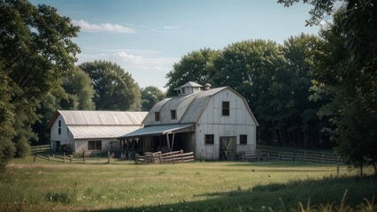 A tranquil rural scene featuring a classic white barn.