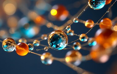 Abstract Network of Glowing Blue and Orange Water Droplets on Spiderweb
