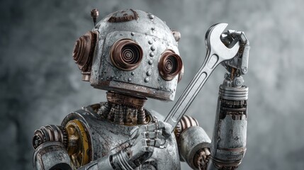 Fototapeta premium Robot with hydraulic arms holding a chrome wrench in front of a graphite backdrop