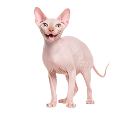 Smiling pink hairless Sphynx cat isolated on a transparent background