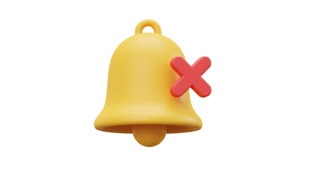 3d render yellow bell notification icon mute isolated on transparent background