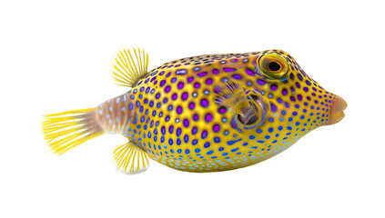 The boxfish is an yellow and blue fish with purple spots and white dots on its body, puffer fish on transparent backgorund