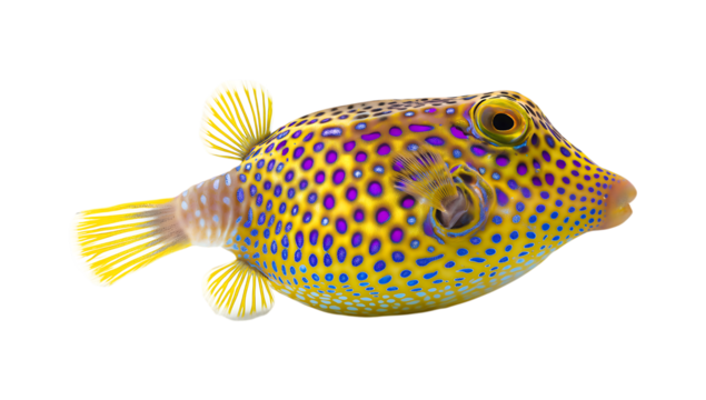 The boxfish is an yellow and blue fish with purple spots and white dots on its body, puffer fish on transparent backgorund