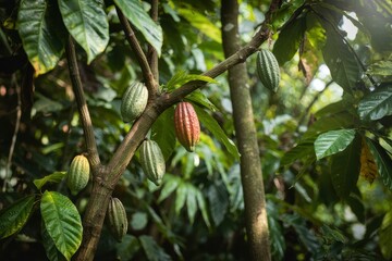 A photograph of a mature cacao tree, *Theobroma cacao*, standing amidst lush tropical foliage