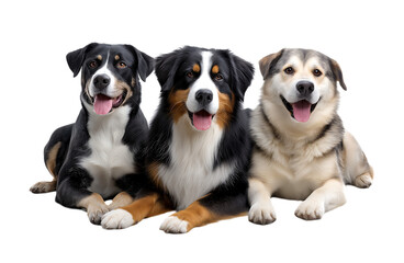 Happy great Swiss mountain dog sitting between two full-size mixed-breed dogs on a transparent background