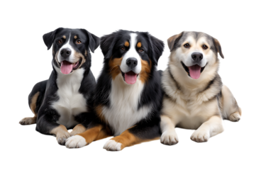 Happy great Swiss mountain dog sitting between two full-size mixed-breed dogs on a transparent background