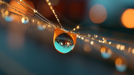 Macro Shot Of A Water Droplet Hanging From Wires With Bokeh Lights In The Background