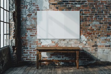 Flawless Picture of 3D Wooden Table Against an Old Grunge Brick Wall with Blank Canvas