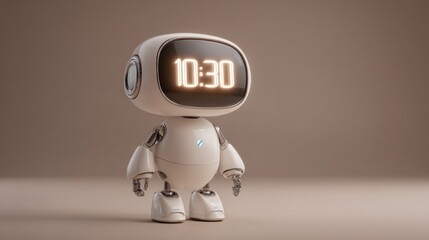 Smart assistant robot projecting clock time hologram on neutral taupe background