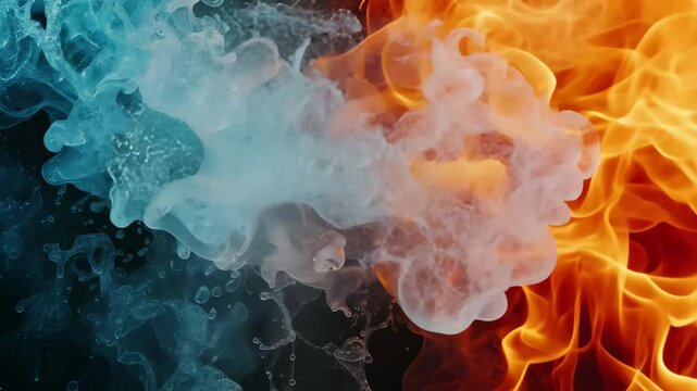 A surreal blend of fire and ice textures creates a dramatic contrast, showcasing the captivating interplay of heat and cold in a mesmerizing visual composition