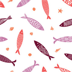 Seamless pattern of abstract fish and shells. Print in shades of pink. Editable vector..eps