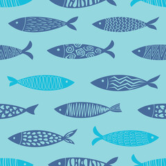 Seamless pattern of lined fishes. Navy blue fish and light blue background. Editable vector..eps