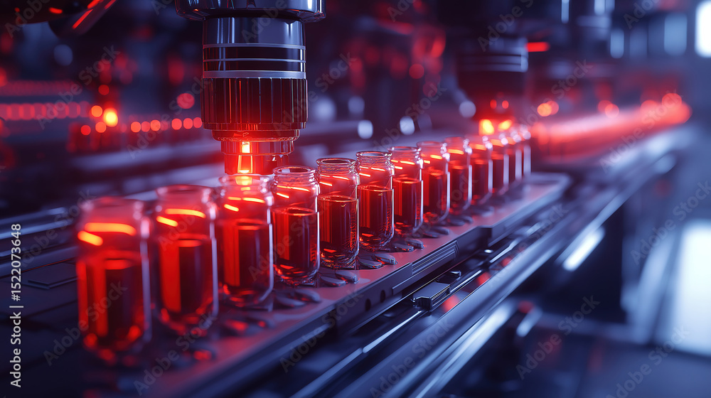 Poster automated machine filling test tubes in pharmaceutical lab showing advanced production tech